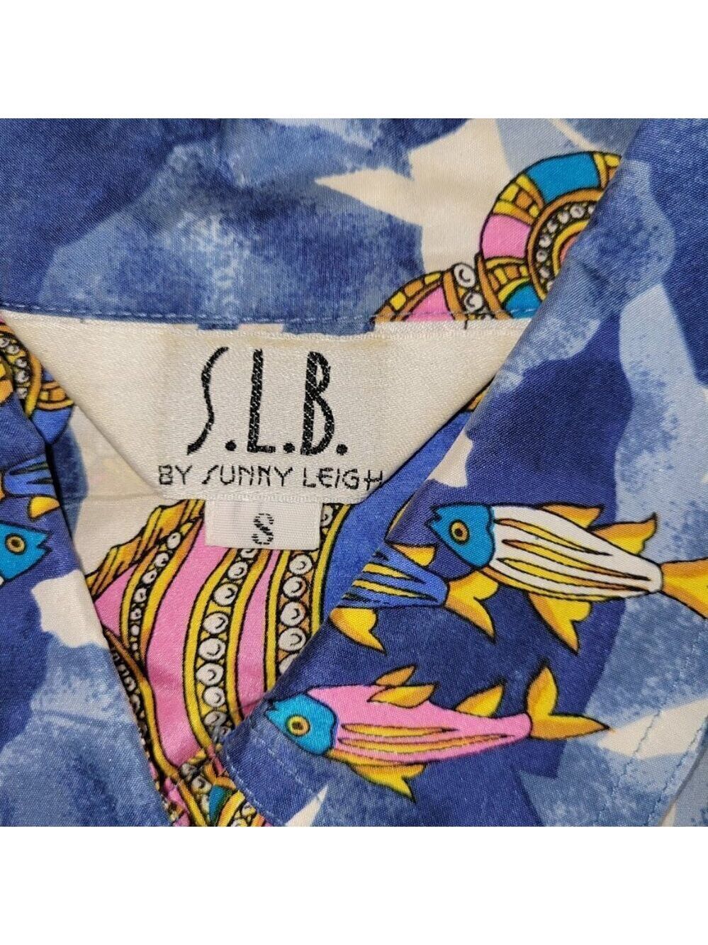 S.L.B. Ocean Silk Blouse Tropical Fish Print Multicolored Shirt Women's Size S - Picture 11 of 13